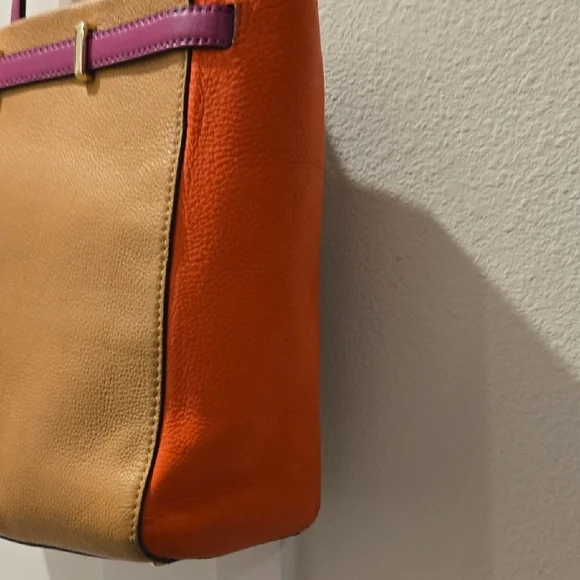 Kate Spade Colorblock Leather Tote Orange Pink Tan Shoulder Work Bag Spring - Picture 4 of 10